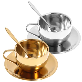 2 комплекта кафеени чаши от неръждаема стомана, леки луксозни кофейно-чаши чай с лъжица и сос