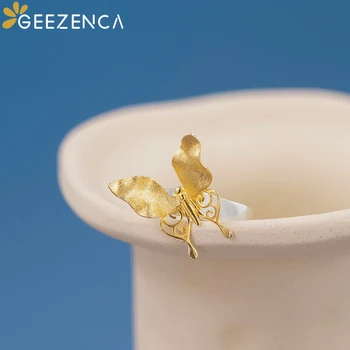 GEEZENCA, два тона пръстен с 3D пеперуда от сребро 925 проба За Жените, Оригинален дизайн, Луксозни Сладки Необичайно Големи пръстени 2023, Нов подарък