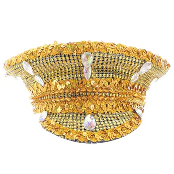 Висококачествена Сватбена шапка ръчна изработка с пайети и диаманти за снимки, Разнообразни вечерни шапки с плосък покрив златен цвят