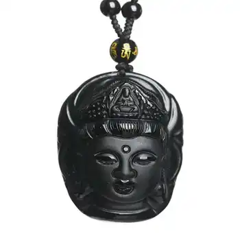 100% Натурален Обсидиан Авалокитешвара Щастлив Амулет Медальон Бижута Исцеляющий Подарък Златна Едро Енергиен crystal Тибетски Жени