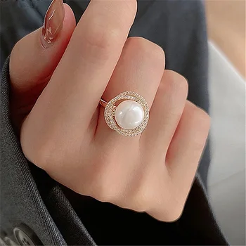 2023 Естествено сладководно пръстен с перли в стил барок и цирконием в корейски стил, Луксозно изискано женско романтична един коктейл пръстен, мода декорация