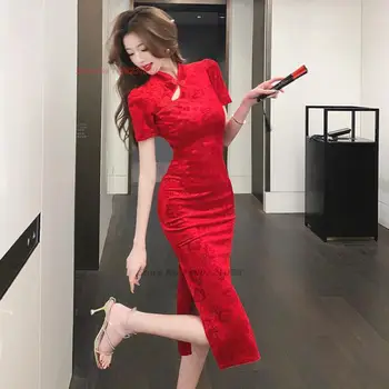 2023 китайското подобряване на рокля чонсам ципао, бархатное ципао с националния цветисти принтом, секси вечерна рокля за банкет в нощен клуб, vestido