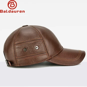 2023 Нова стилна мъжка шапка от телешка кожа, зимата е топло градинска бейзболна шапка със защитата на ушите от естествена кожа, Регулируеми Мъжка бейзболна шапка от естествена телешка кожа