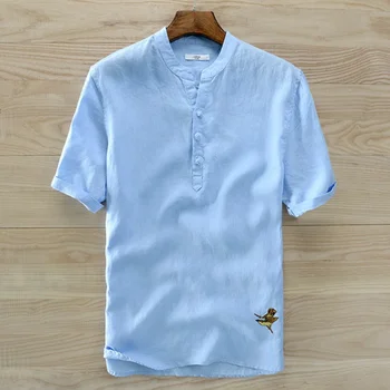 2023, Нова тенденция, е на Испанската марка лятна мъжка риза с къси ръкави, однотонная удобно бельо риза, Мъжки Ежедневни риза с бродерия Camisa