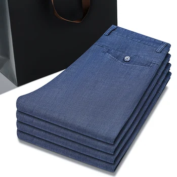 2023 Пролет Лято Нови мъжки Тънък Светло синьо свободни дънки в бизнес стил от еластичен деним от лиоцелла, мъжки маркови панталони