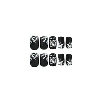 24 бр., Френски режийни ноктите на Хелоуин с изображение на паяк, кристали, Квадратни режийни ноктите, кратко натискане на ноктите, пълно покритие на върховете на ноктите