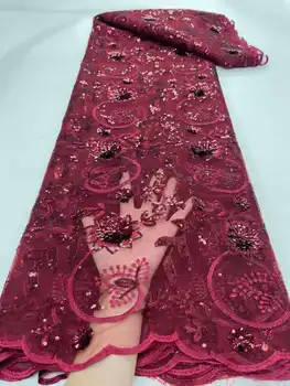 3D Бордовая С Пайети Африканска Френска Окото Лейси Плат 2023, Благородна тюлевая окото лейси плат, Нигерийски сватбена рокля от дантела за жени