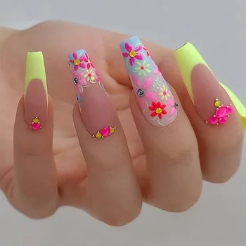 3D режийни ноктите за летния сезон, ярки цветя с диаманти, дълги френски върховете във формата на ковчег, изкуствени облицовки за външен ноктите
