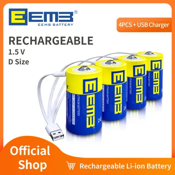 4 ОПАКОВКИ Йонни D-батерии EEMB 1,5 В, Акумулаторна D-батерия 5550 МВтч, Кабел за зареждане USB Type C, Разменени Батерия