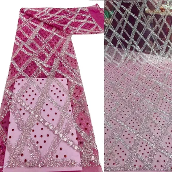 (5 ярда/бр.) Висококачествено вышитое мъниста, пайети тюлевое дантела с камъни цвят на фуксия, розово африканска вечер сетчатое дантела за рокли FXZ255