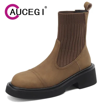 Aucegi, луксозен марка, качествена кожена лоскутный вязаный Ботильоны, Модни дамски обувки есен на високо масивна обувки с кръгло бомбе