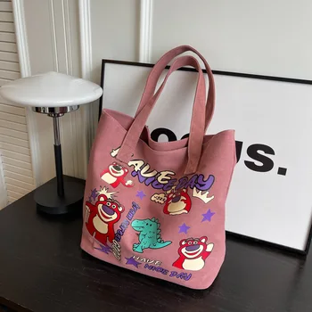 Cartoony Ягодово мечка 2023, Нова мода холщовая чанта-тоут, чанта с Мики Маус, чанта на рамото, чанта за учебници за момичета, 33x39x16 см чанта