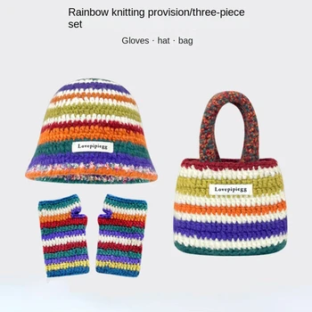 Crochet Шапки-кофи в Розово райе за Жени, Есенно-Зимна Топла Панама Y2K, Комплект шапки за еднократна употреба с Ръкавици, Чанта, Дизайнерски Скъпа Забавна Шапка