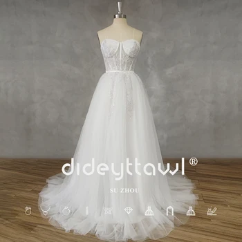 DIDEYTTAWL на действителния образ на Милото сватбена рокля трапецовидна форма от блестящо тюл без ръкави с цип Rainstone, сватбена рокля с влак на гърба