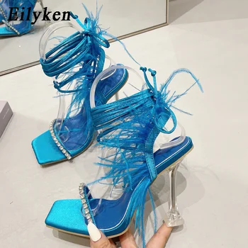 Eilyken/ Модни Летни дамски сандали с кристали и пера, Пикантни женски обувки-гладиатори на висок ток с квадратни пръсти и кръстосана шнур