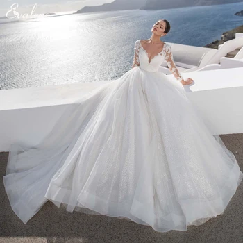 EVALOVE Ново, очарователно сватбена рокля трапецовидна форма от блестящо тюл с отворен гръб 2023, Красива апликация, Дълъг ръкав, Винтажное сватбена рокля