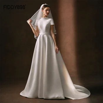 FIDDY898 Булчинска рокля с високо деколте и къс ръкав От сатен-плат Сватбена рокля с колан за булката трапецовидна форма QD06216