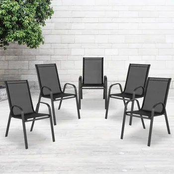 Flash Furniture 5 опаковки Черно улично стола от серията Brazos с гъвкав и комфортен материал и метална рамка