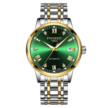 FNGEEN, висок клас марка, луксозни модни мъжки механичен часовник в зелен цвят, Водоустойчив, спортни Мъжки часовник с автоматичен календар от неръждаема стомана