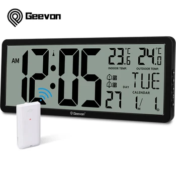 Geevon-Големи дигитални стенни часовници с LCD дисплей с двоен будилник, температура в помещения и на улицата, 4,4 инча, Цифри за помещения, 14,3 инча