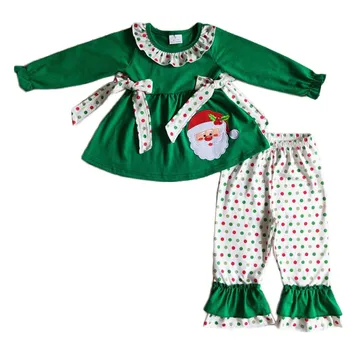 GLP0163 Момичета вышивают Санто зелени панталони с дълги ръкави, за майки и за деца, дрехи за малките момичета, бутик за дрехи за момичета