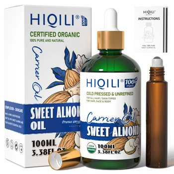 HIQILI 100 мл масло от сладък бадем, чисто и натурално масло-носител за косата, кожата, тялото, масаж, разреждане на етерични масла