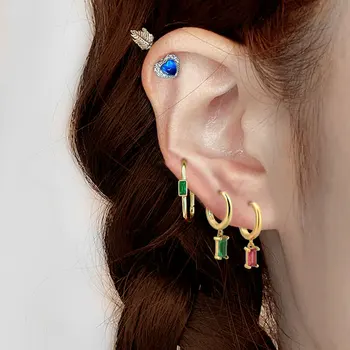 Ins Геометрични обеци-пръстени с цирконии Huggies За жени, Модни прости аксесоари за уши с цветни кристали, Бижута за пиърсинг, подаръци