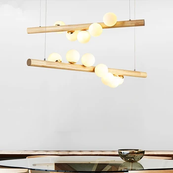 Led Дълги дървени висящи лампи Модерен Полилей със стъклена топка, артистичен Дизайн на лампа, Дървени подвесная лампа G9 за осветление трапезария