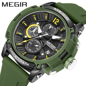 MEGIR Спортни кварцов часовник с хронограф за мъже, модерен зелен силиконов каишка мъжки часовник с дата, Най-добрата марка на луксозни Relogio Masculino