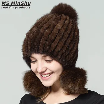 Ms.MinShu Зимна Кожа шапка с 3 Топки, Шапка, от естествена Кожа, Модерен Дамски Шапки-рока с Топки от Лисьего Кожа, Дамска шапка от естествена Кожа на Норка