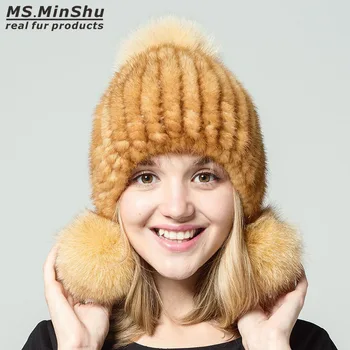 Ms.MinShu Зимна Кожа шапка с 3 Топки, Шапка, от естествена Кожа, Модерен Дамски Шапки-рока с Топки от Лисьего Кожа, Дамска шапка от естествена Кожа на Норка