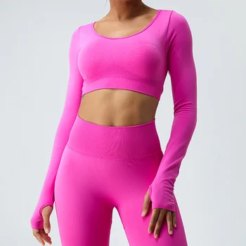 NCLAGEN бързо съхнещи Безшевни Ризи за йога с дълги ръкави Жена топ с появата на облегалката Спортно Облекло за фитнес Дишаща За тренировки във фитнеса