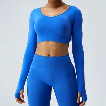 NCLAGEN бързо съхнещи Безшевни Ризи за йога с дълги ръкави Жена топ с появата на облегалката Спортно Облекло за фитнес Дишаща За тренировки във фитнеса