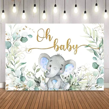 Oh Baby Background Слон за фотосесия в душата на детето Зелени листа Етаж се Разкрива Тематични украси за партита Създаване на фотосесия