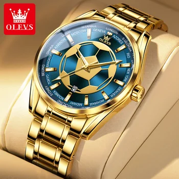 OLEVS 9949 Футболен модел, за да поздравят Дизайн кожа колан От неръждаема Стомана, Мъжки часовник в Класически модна марка от сплав, Кварцов часовник