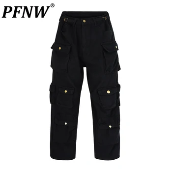 PFNW Есенни Нови Мъжки спортни Панталони-карго в Ретро стил, с много джобове, Модни Директен Свободна Тъмно Облекло High Street Y2k, Панталони 28A3665