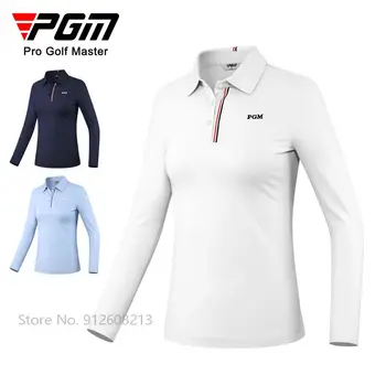 PGM Есенни дамски блузи за голф с високи еластични отворотами, Женски тънки тениски за голф с дълъг ръкав на райета ветроупорен спортни ризи S-XL