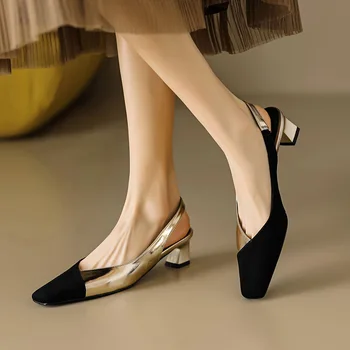 Phoentin / 2023/ Дамски обувки-лодка от естествена кожа, с възможност за сгъване на облегалката, Луксозни дизайнерски джапанки в стил мозайка, Елегантни дамски обувки на среден ток FT2542
