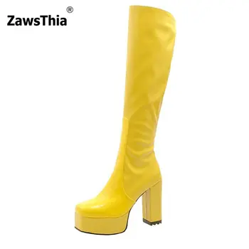 QPLYXCO/Зимни лачени дамски ботуши до коляното от изкуствена кожа в жълт цвят, цвят фушии, зелено, синьо, върху платформата, пикантен дамски ботуши за стриптийз на висок ток