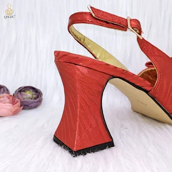 QSGFC/ Елегантни дамски модни обувки, червени на цвят с отворени пръсти за булката, удобни вечерни дамски обувки и чанта в комплект за жени