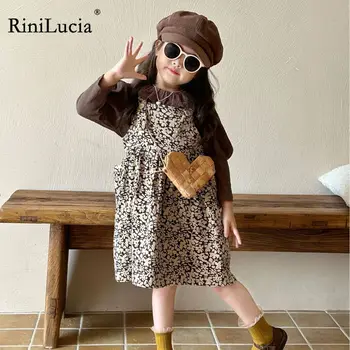 RiniLucia /2023, Нов комплект дрехи за момичета, Есента обикновена риза с дълъг ръкав, Рокля с флорални принтом, Комплекти детски дрехи, Облекло за деца