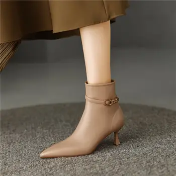 SLTNX/ 2023; Френски ботуши от мека кожа; Нови дамски ботуши на висок ток с високо качество метална Катарама; Темпераментни дамски обувки на висок ток
