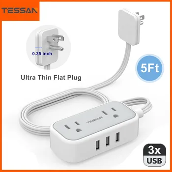TESSAN Ультратонкая Плоска розетка с 2 розетки на променлив ток и 3 USB порта, мини-изход с удлинительным кабел 1,5 метра/5 фута за дома
