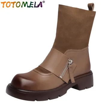TOTOMELA 2023 Нова Реколта зимни обувки от естествена кожа, Дамски Обувки на платформа с цип, Ботильоны На средно квадратен ток