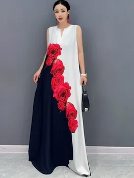 URIOR 2023, Лятно Ново Женствена рокля с принтом във формата на цвете, роза, Трапециевидный яка, риза без ръкави, Индивидуално Модерни дрехи за момичета