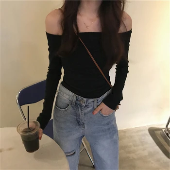 Y2K Тениска Дамска с открити рамене, Секси Съкратен Топ, есенна тениска с дълъг ръкав, Дамски корейската мода, Реколта дрехи Kpop, Дамски