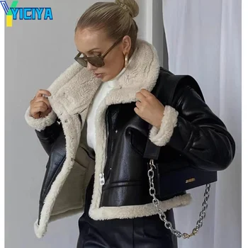 YICIYA, Кожа яке от изкуствена кожа, кратък бомбер, Женски Винтажное Свободно гъст зимно дамско палто с цип, връхни дрехи за мотобайкеров, якета, топ