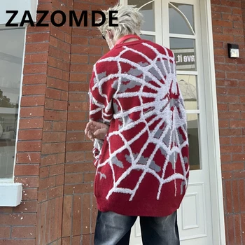 ZAZOMDE, Зимна жаккардовый пуловер с паяк, Есента на модната марка, американска пуловер Оверсайз в стил хип-хоп, Готическия пуловер за мъже