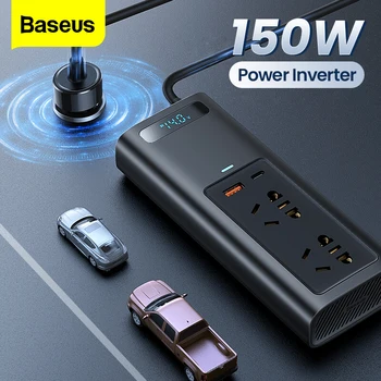 Автомобилен инвертор Baseus 150 W от постоянен ток 12 В до ac 220 В, Инверторен led дисплей, Контакти ЕС, зарядно устройство, USB Type C, захранващ адаптер, Инвертор