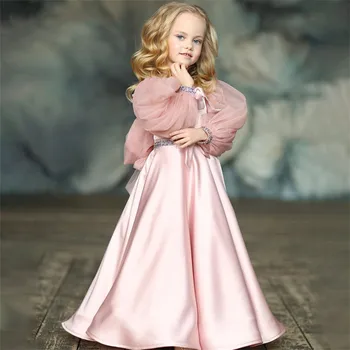 Атласное Тюлевое рокля с дълги ръкави и цветове за момичета, Розов Ангел, Рокля на Принцеса за Сватбеното парти, Бал, Рокля за Първо Причастие, Детски подарък
